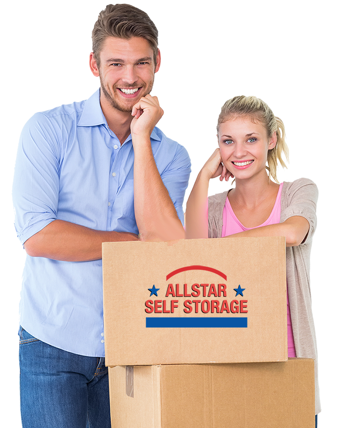 two smiling self storage tenants leaning on an AllStar Storage box